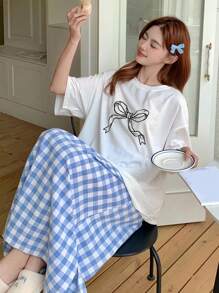 DAZY 2pcs Bow Printed Loose Short Sleeve Plaid Shorts Set, Women Summer Pajamas - White - View 8