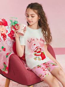 Strawberry Shortcake X SHEIN Tween 女童卡通心形图案白色休闲百搭短袖 T 恤和粉色可爱甜美短裤睡衣套装