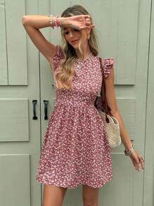 SHEIN Frenchy Váy ngắn cho nữ, cổ tròn có tay bay nhỏ, hở lưng có nơ, họa tiết hoa, dáng chữ A ôm eo, trang phục mùa hè cho nữ, thích hợp mặc hàng ngày - Nhiều màu - Xem 3