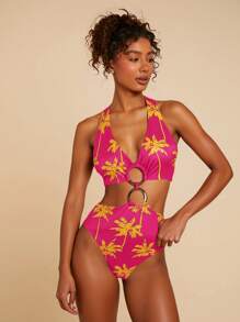 Travachic Women's Tropical Palm Tree Print Hollow-Out Sexy Monokini Swimsuit - Multicolor - View 1