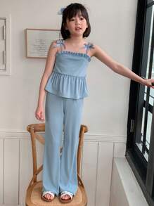 DAZY 2pcs/Set Tween Girls Knit Vest + Pants Two Pieces Outfit, Fall,Back To School Clothes - Blue - View 2