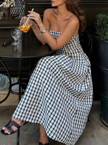 INAWLY 女士格子褶皱休闲抹胸连衣裙