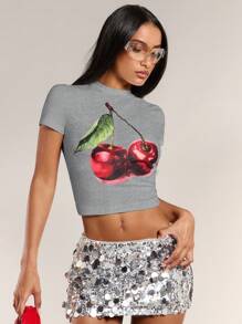 SHEIN BAE Damen T-Shirt mit Chreey Frucht Grafik-Muster, Rundhalsausschnitt und Kurzarm, einfache, lässige Schulkleidung, geeignet als weißes Sommer-Top für Ausflüge - Hellgrau - Übersicht 3
