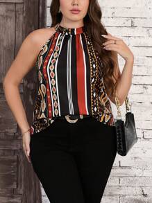 SHEIN Clasi Blusa larga da donna casual estiva con fantasia a righe, taglie comode, senza maniche, stile bohémien, abbigliamento da donna, parte superiore da donna, blusa casual da donna, top elegante da donna, outfit da ufficio da donna, blusa da donna, top casual da donna, abbigliamento estivo, outfit da rave, outfit da Ibiza, outfit da concerto country, outfit da festival, outfit da Coachella, outfit per le vacanze, regalo per la festa della mamma