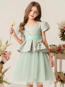 SHEIN Girls' Puff Sleeve Short Printed Dress, New Arrival - Blue - View 1