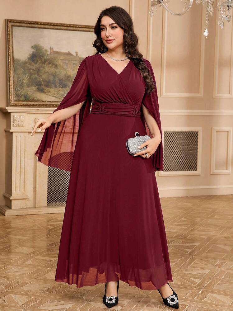 Modelyn Plus Size Burgundy Mesh Maxi Dress: Elegant V-Neck, Half Sleeves, And Flared Hem For Party Occasions - Burgundy - View 6