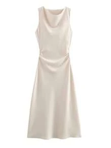 优雅女士长款褶皱腰线设计连衣裙