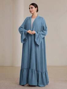 Graceveil 女士纯色长袖简约百褶宽松阿拉伯长袍，端庄长袍 - 藍色 - 查看 1