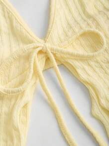 SHEIN Unity 黄色条纹纹理面料 V 领露背系带领不对称下摆紧身吊带背心和紧身褶皱迷你裙 2 件套，休闲度假性感女士夏季日常穿着 - 黃色 - 查看 4