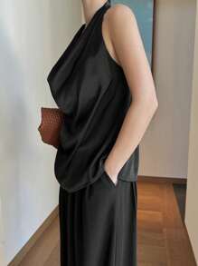 DAZY Women's Solid Color Fashionable Loose Draped Neck Top - Black - View 5