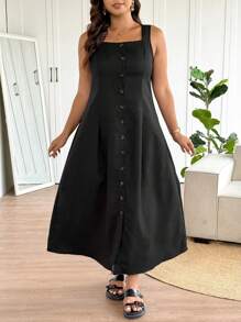 SHEIN Frenchy Vestido maxi negro sin mangas con diseño de botones para mujer de talla grande, estilo elegante y casual, nueva moda de primavera/verano