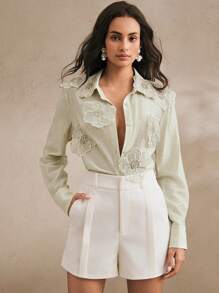 Anewsta Women's Collared Long Sleeve Shirt With 3D Rhinestone Embroidery, Transparent Sensual Fashionable Modest, Spring For Women - Mint Green - View 5