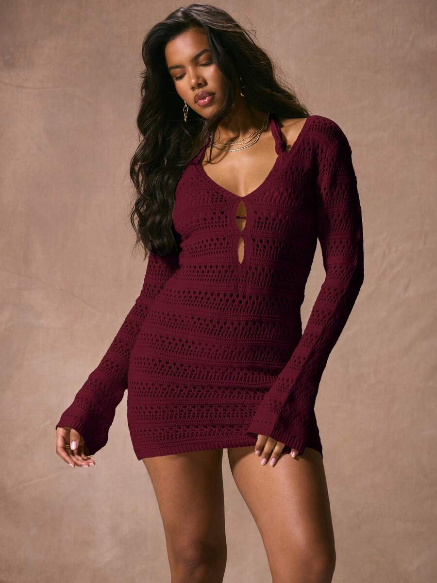 Musera Resort 钩针编织 深 V 领 长袖 迷你连衣裙 海滩罩衫 度假 春夏 优雅