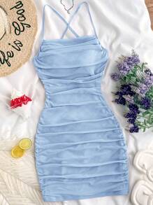 SHEIN Girlism Teen Girls Light Blue Mesh Knit Elastic Snug Fit Mini Camisole Dress, Suitable For Spring Summer, Valentine's Day, Party, Casual Wear - Baby Blue - View 4