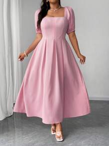 Elenzga Plus Size Vintage Romantic Pink Puff Sleeve Dress - Pink - View 7