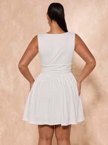 SHEIN BAE Vestido mini de manga larga con cuello en V profundo, volantes en las mangas y cintura, de talla grande, blanco, para uso diario, sexy, otoño e invierno, para boda, salida nocturna, San Valentín, cóctel, fiesta, cita con amigos, reunión familiar, vestido de novia, dama de honor, vestido casual, vestido de graduación blanco, vestido de invitada de boda