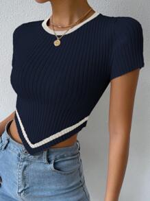 Breezaya Áo len dệt kim cổ tròn tay ngắn màu tương phản cho nữ, viền bất đối xứng, thường ngày - Màu xanh hải quân - Xem 6