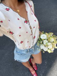 SHEIN Frenchy Women's Summer Vintage Off-White Floral Print Elegant Shirt,Tea Party Vacation Wave Trim Embroidery Bubble Sleeve Faux Pearl Button Loose Fit Tops - White - View 1