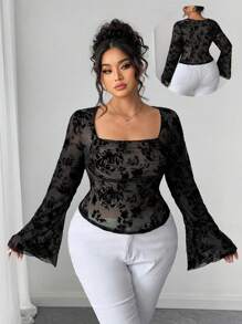 Elenzga Plus Size Square Neck Long Sleeve Fitted Flocked Mesh Floral Print T-Shirt