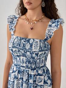 Florisole 女式优雅年轻蓝色贝壳印花休闲吊带裙 - 藏蓝色 - 查看 5