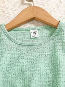 SHEIN 2pcs/Set Young Girls Fashion Solid Color Crew Neck Short Sleeve T-Shirt Paired With Elastic Waist Flared Leg Pants, Spring/Summer Set - Green - View 5