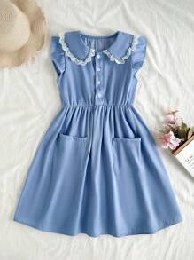 SHEIN Tween Girl Floral Ruffled Neck Cap Sleeve Pocket Dress, Cottage Style - Blue - View 1