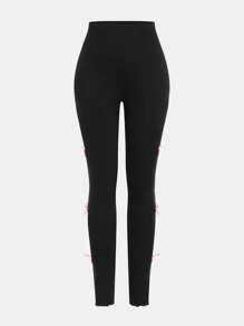 Tween Girls' Casual All-Match Versatile Sweet Retro 3D Bow Ruffled Trim Fitted Leggings In Black - Black - View 3