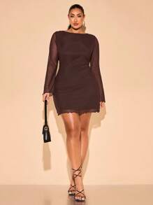 SHEIN BAE Váy mùa hè thường ngày cỡ lớn dành cho nữ, thích hợp mặc hàng ngày, đi làm, đi chơi, hẹn hò, trà chiều, kỳ nghỉ, váy trang trọng dành cho phụ nữ - Cà phê nâu - Xem 6