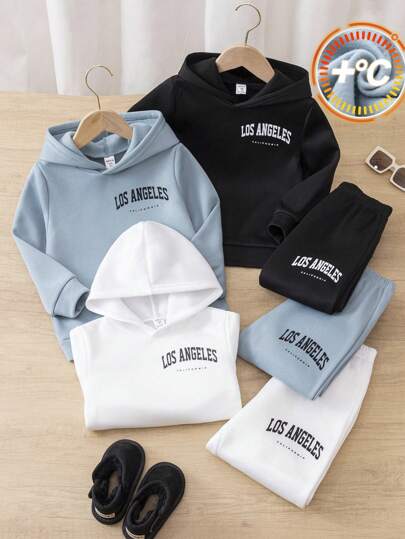 6 件套年轻男童休闲纯色字母印花长袖连帽衫和松紧腰裤套装，多件装，适合外出、上学、花园、海滩、生日、婴儿洗礼派对、秋冬，羊毛，加厚