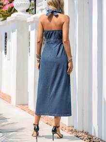 Breezaya Damen rückenfrei Trägerkragen Denim Kleid, lässig für den Urlaub - Mittele Waschung - Übersicht 2