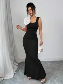 Rafferiza Women's Solid Color Splice Ruched Waist Mermaid Elegant Long Dress - Black - View 5