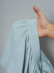 Slaydiva 春夏新款休闲基础款运动风简约圆领短袖两面褶短T恤+摆伞裙两边短款前后中长款浅灰色罗纹针织面料女两件套夏季套装 - 藍色 - 查看 8