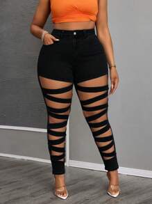 SHEIN SXY 大码性感系带镂空紧身牛仔裤 - 黑色 - 查看 3