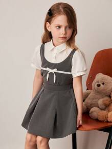 PrepCrw Conjunto de camisa y minifalda de parchwork gris y blanco para niñas, primavera/verano