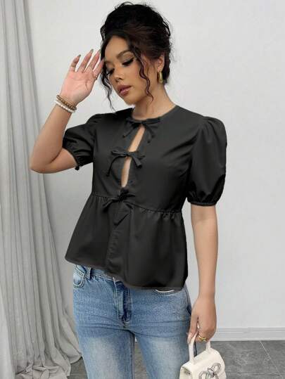 Rafferiza 女士夏季泡泡袖衬衫配蝴蝶结女士衬衫