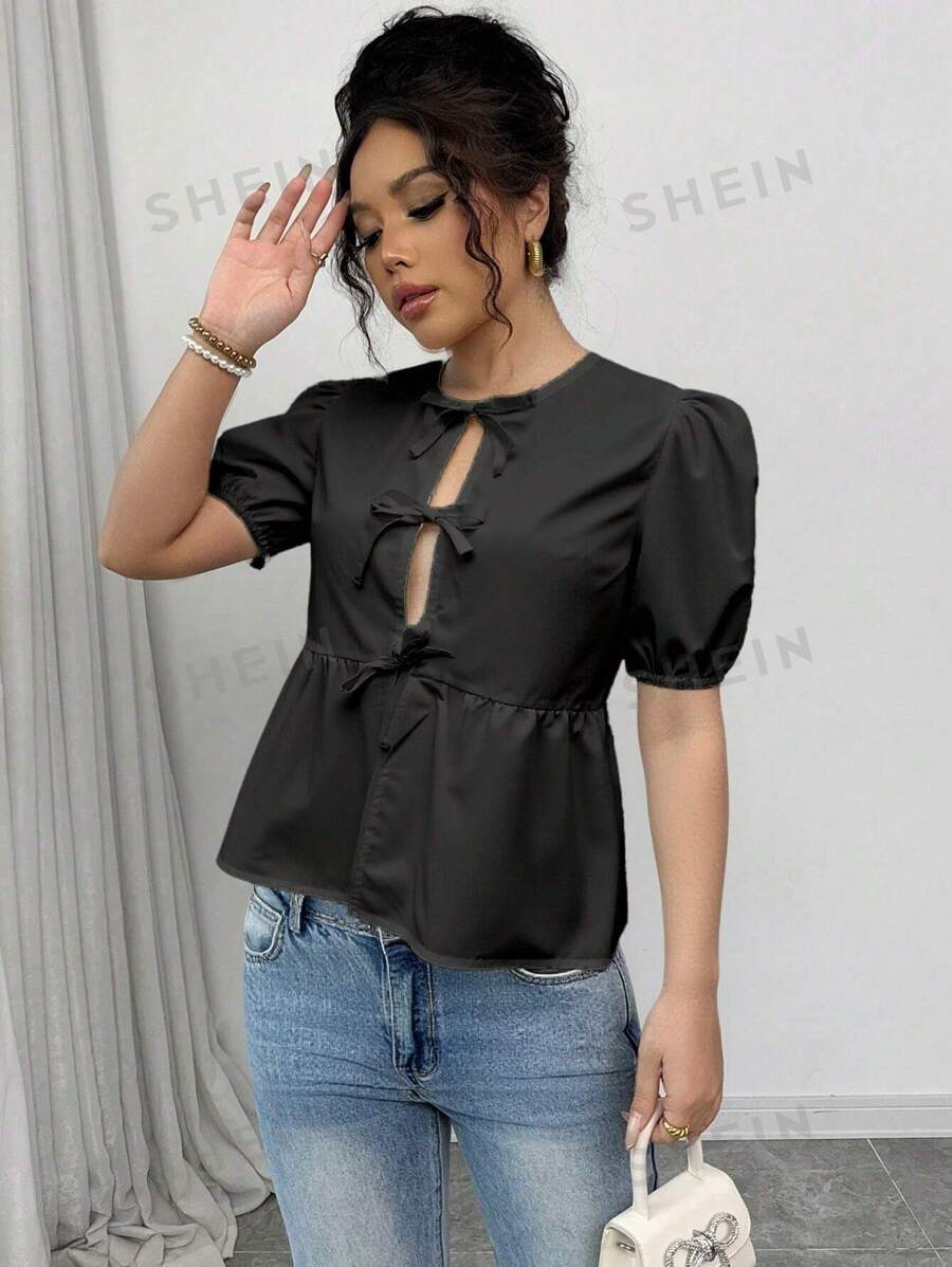 Rafferiza Blusa de mujer con mangas abullonadas y corbata de lazo para el verano - Negro - Ver 1