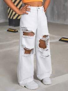 SHEIN SLAYR KIDS 少女 Y2K 白色春夏街头风破洞阔腿牛仔裤，春夏休闲度假乡村波西米亚风，适合少女海滩穿着，西部街头风，春假狂欢节牛仔裤 - 白色 - 查看 4
