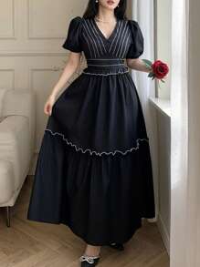 Modelyn Women's Color Block Puff Sleeve Casual Long Dress,Tea Party Dress,Summer Dresses For Women,Summer Outfits For Women,Sun Dress - Black - View 3