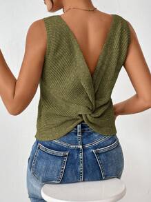 SHEIN Frenchy 女士纯色扭纹后背休闲百搭针织背心 - 軍綠色 - 查看 3