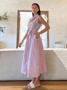 Cloudara Vestito lungo da donna a righe con bottoni davanti, vita in vita, abbigliamento da spiaggia per vacanze