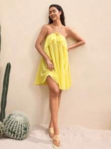 BY FELIZIA Women's Butter Yellow Solid Chiffon Starfish Decoration Open Back Ruffle Sexy Mini Dress For Summer Beach Vacation - Yellow - View 3