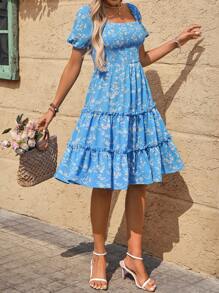 Breezaya Floral Print Square Neck Ruffle Hem Short Sleeve Dress, Vacation Women Dresses Vacation Outfits For Women Summer Dresses For Women Vacation Summer Vacation Outfits Women Vacation Dresses Woman - Blue - View 4