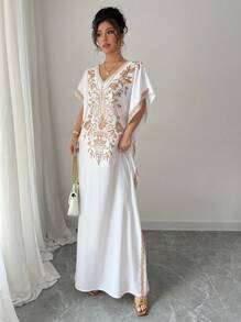 Calvaya Abito casual ed elegante da donna con scollo a V, maniche a pipistrello, orlo ampio, spacco, stampa floreale, senza elasticità, bianco, adatto per primavera ed estate