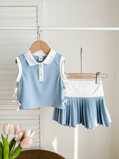 SHEIN Baby Girl Cute Summer Two Pieces Set: Polo Collar Colorblock Top & Elastic Waist Pleated Skirt