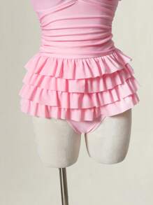 SHEIN MOD 1 件女士多色荷叶边连体泳衣，浪漫风格