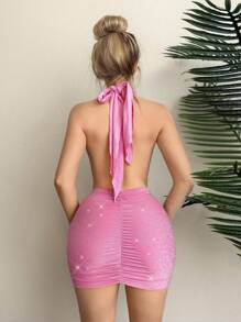 EgrlEra Vestito a tubino mini sexy e aderente con scollo a V profondo e dettagli plissettati in stile metallico, in stile estivo Y2K per le donne