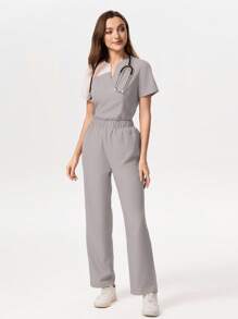 TaskEZ Contrast Color Block Short Sleeve Pants Scrub Uniform Set,Women Tops Summer Work Clothes Women Set Scrub Sets For Women Professional Clothes Women Sets Casual Sets For Women - Light Grey - View 5