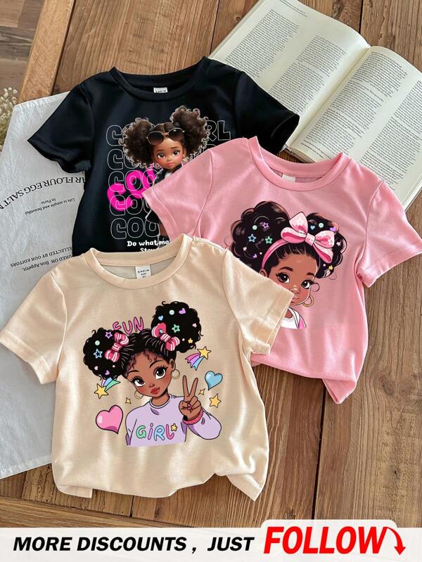 SHEIN Ensemble de 3 tenues d'été pour jeune fille, modèle décontracté de  T-shirt unicolore à manches courtes et col rond avec motif de dessin animé, adapté pour l'été