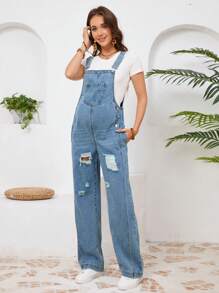 SHEIN Maternity Casual Vintage Washed Ripped Bib Overall Dungaree Pants - Medium Wash - View 5