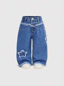 SHEIN Baby Girl Star Applique Blue Denim Loose Straight Leg Pants